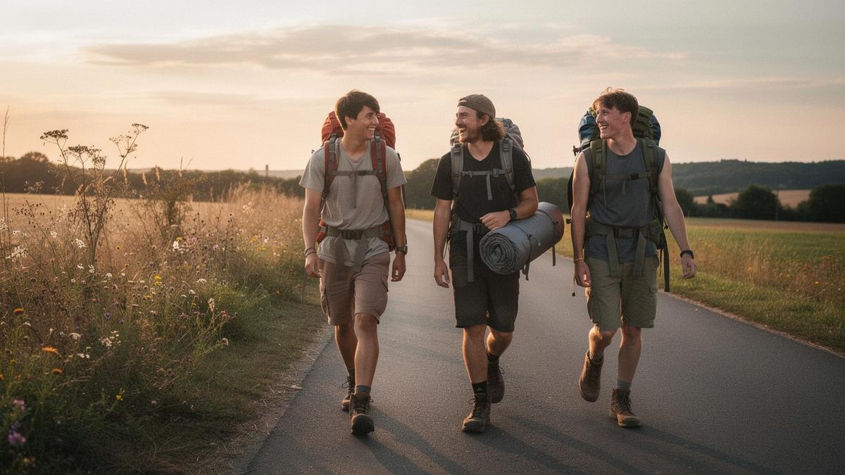 Young travelers with backpacks and a folded tent walking a rural road toward a festival site at sunset