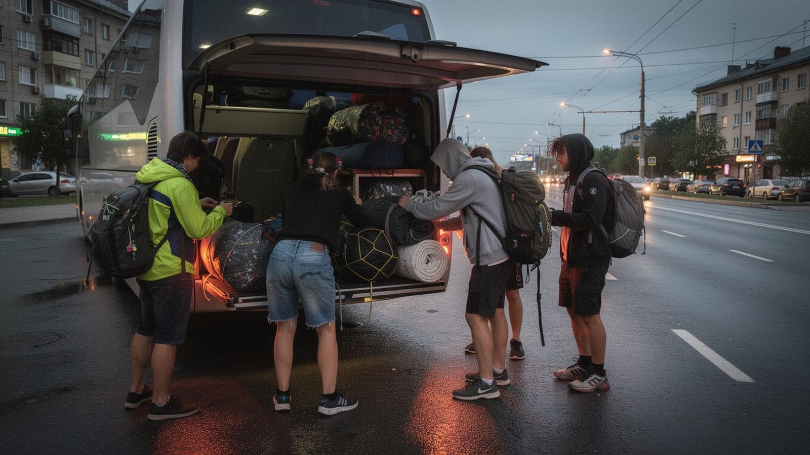 Travellers loading backpacks into a night coach at a Kyiv departure point