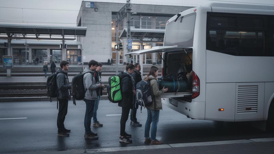 Young travellers loading backpacks into a coach outside a Ukrainian city station at dawn