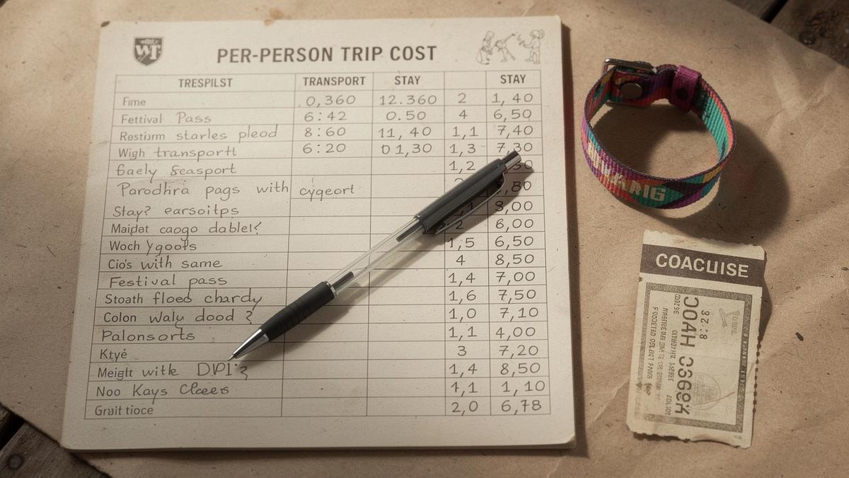 Printed per-person cost ledger with columns for pass, transport and stay beside a festival wristband