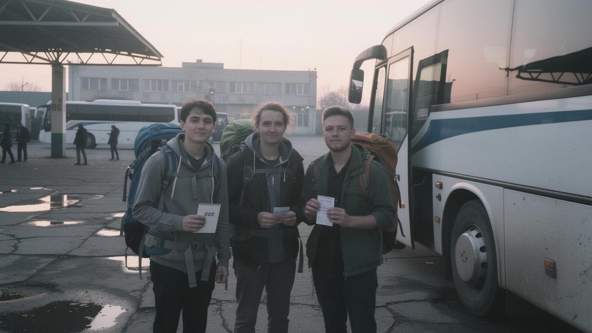 Young travellers with backpacks waiting beside a long-distance coach before a festival trip