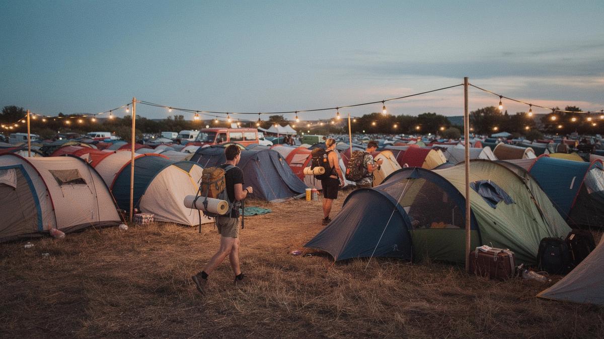 Festival camp with rows of tents and string lights at dusk