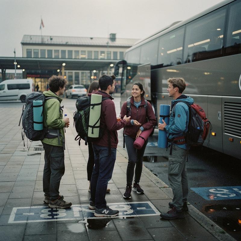 Travellers with backpacks waiting at a night coach bay before a festival trip.